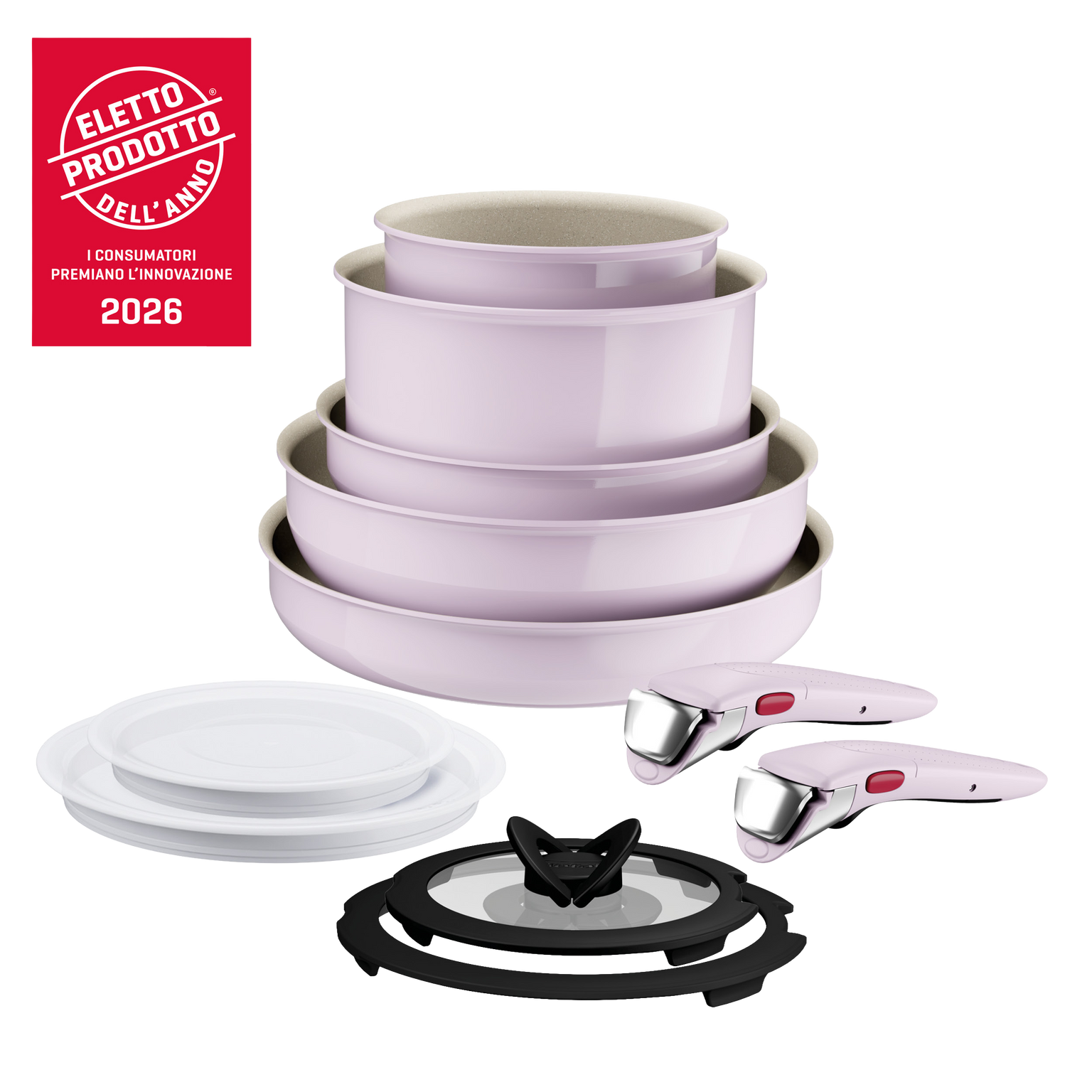 Ingenio Pastel, Set padelle, Antiaderente, Manico rimovibile, induzione gas, 11 pz, Rosa