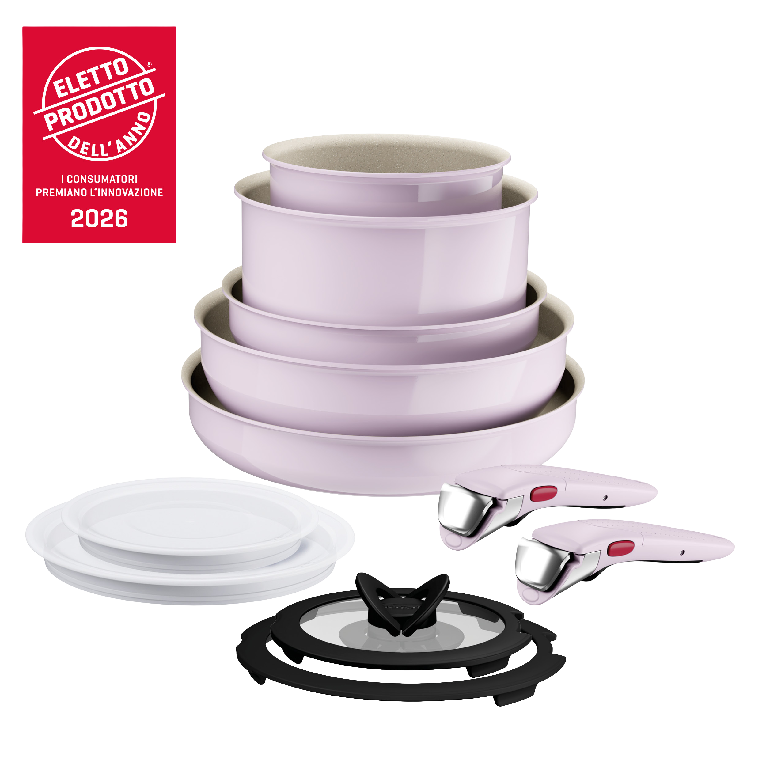 Ingenio Pastel, Set padelle, Antiaderente, Manico rimovibile, induzione gas, 11 pz, Rosa