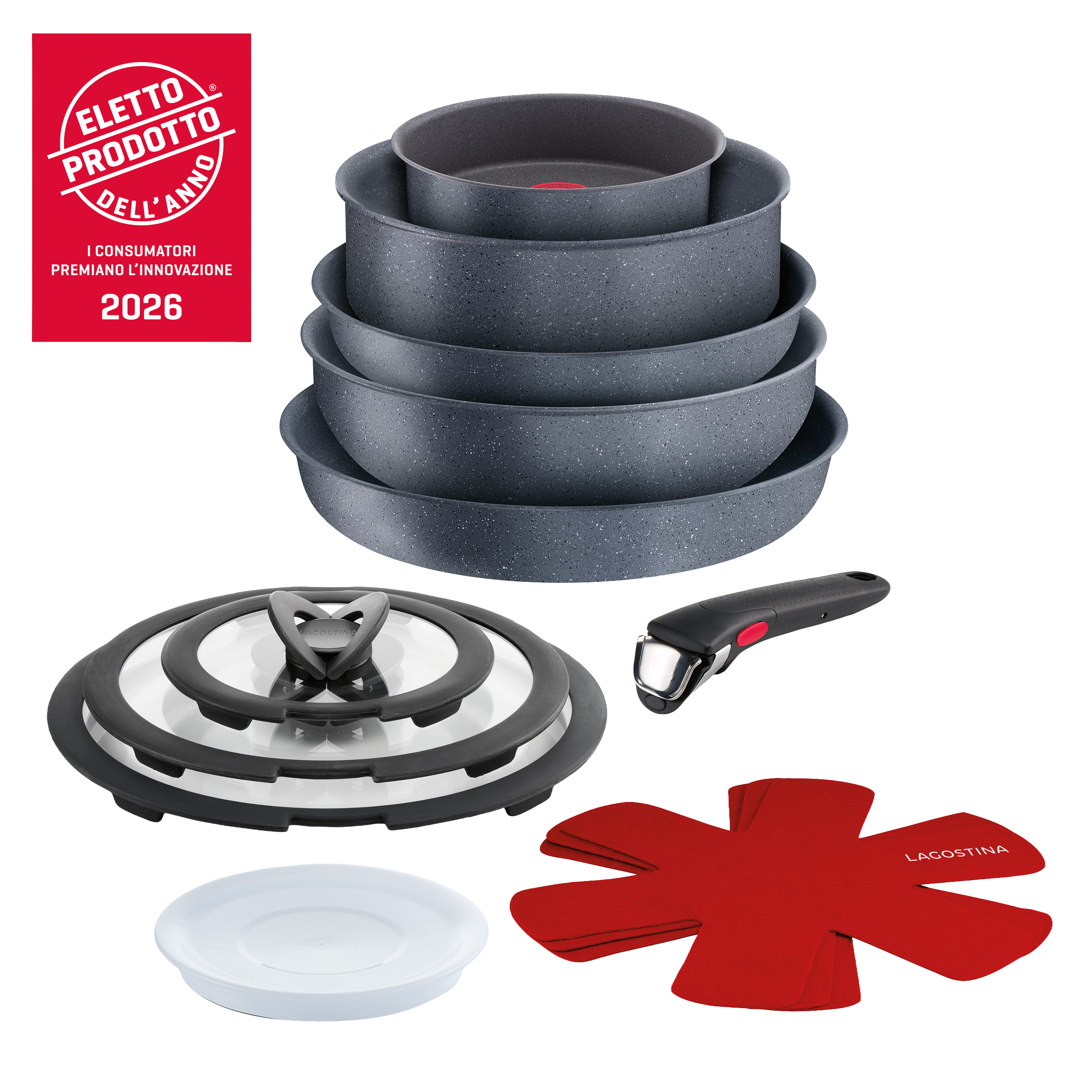 Ingenio Mineralis, Set padelle, Antiaderente, Manico rimovibile, Induzione e gas, 13 pz.