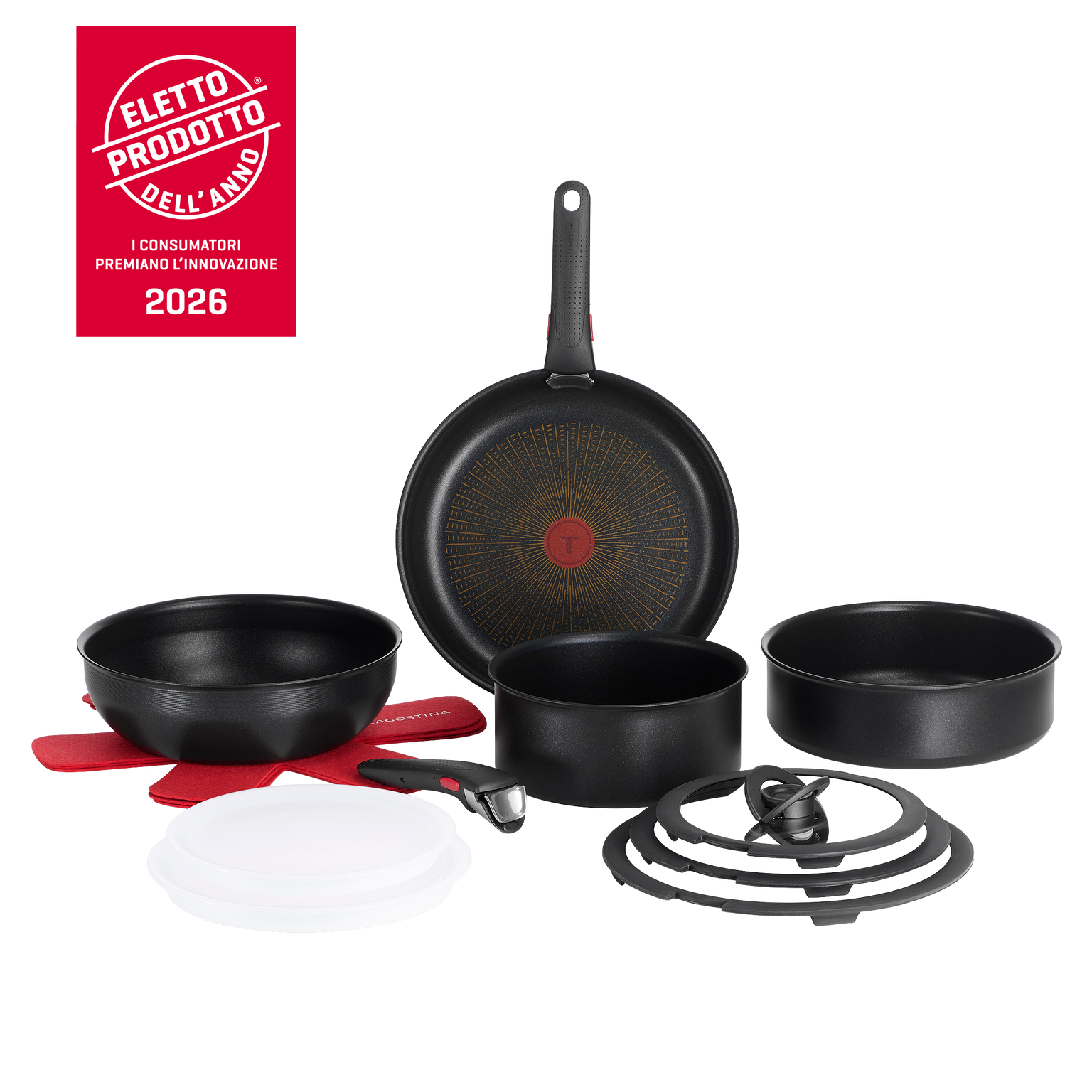 Ingenio Assoluto, Set padelle, Antiaderente, Manico rimovibile, Induzione e gas, 14 pz