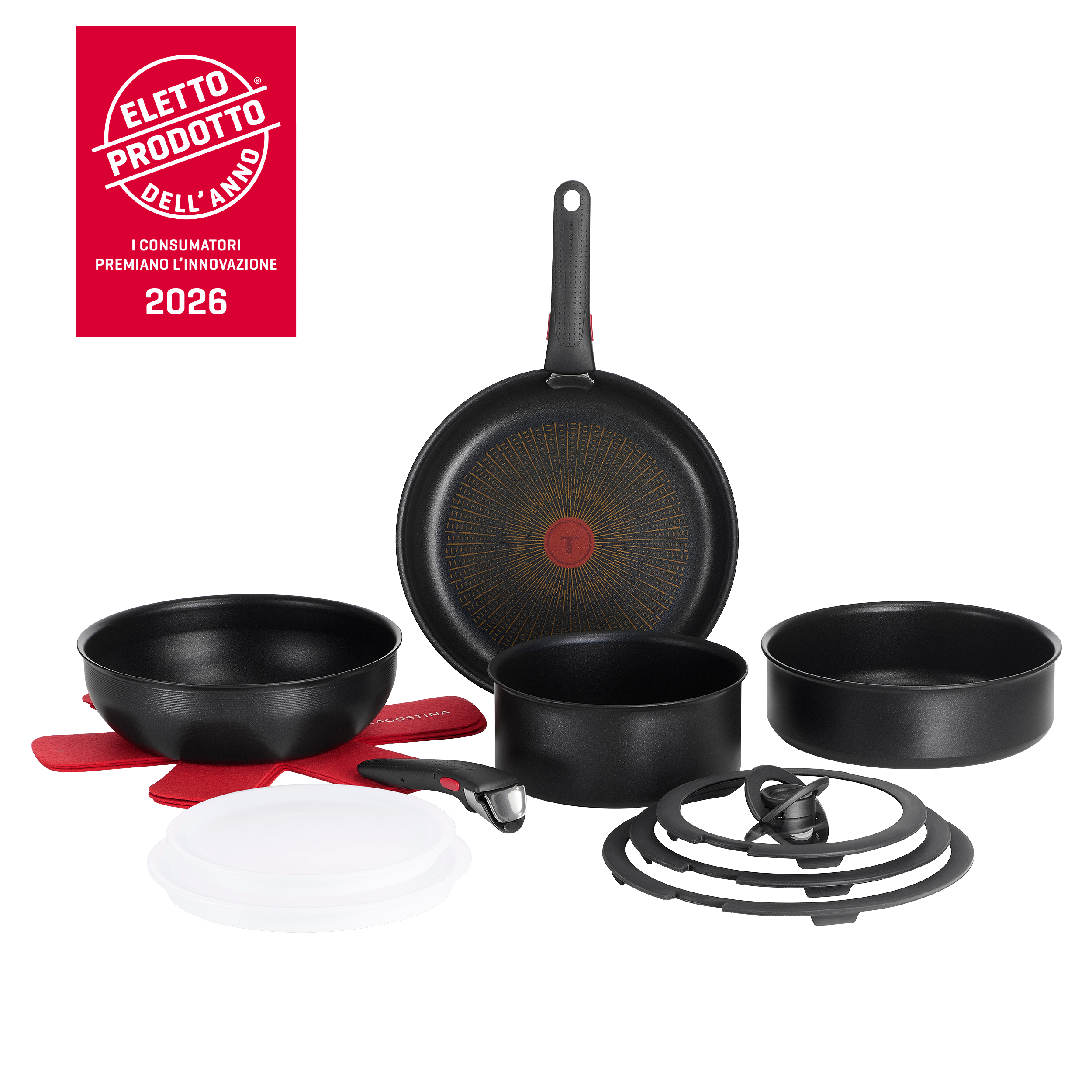 Ingenio Assoluto, Set padelle, Antiaderente, Manico rimovibile, Induzione e gas, 14 pz