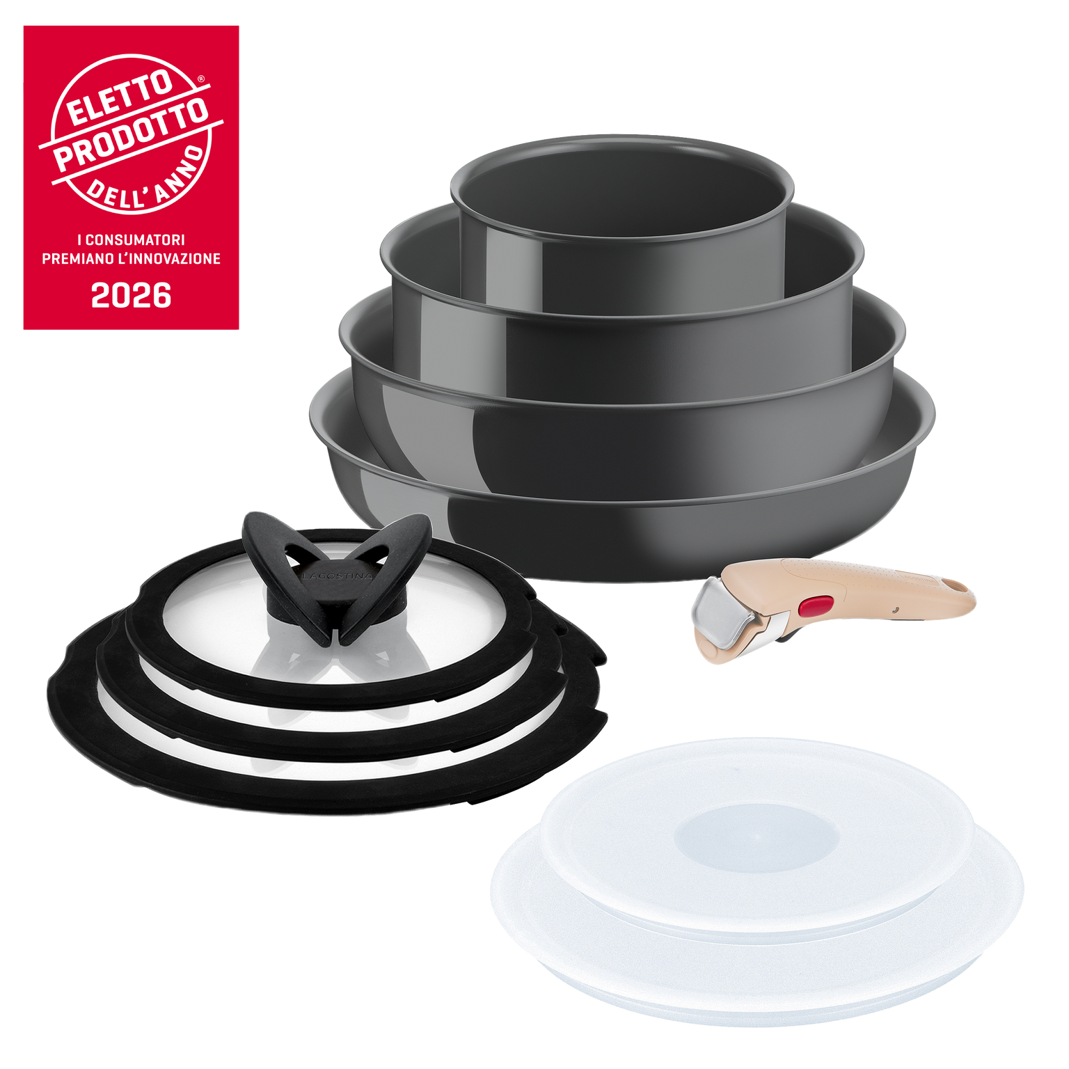 Ingenio Vivissima, Set padelle, Antiaderente Ceram, Manico rimovibile, induzione gas, 10pz