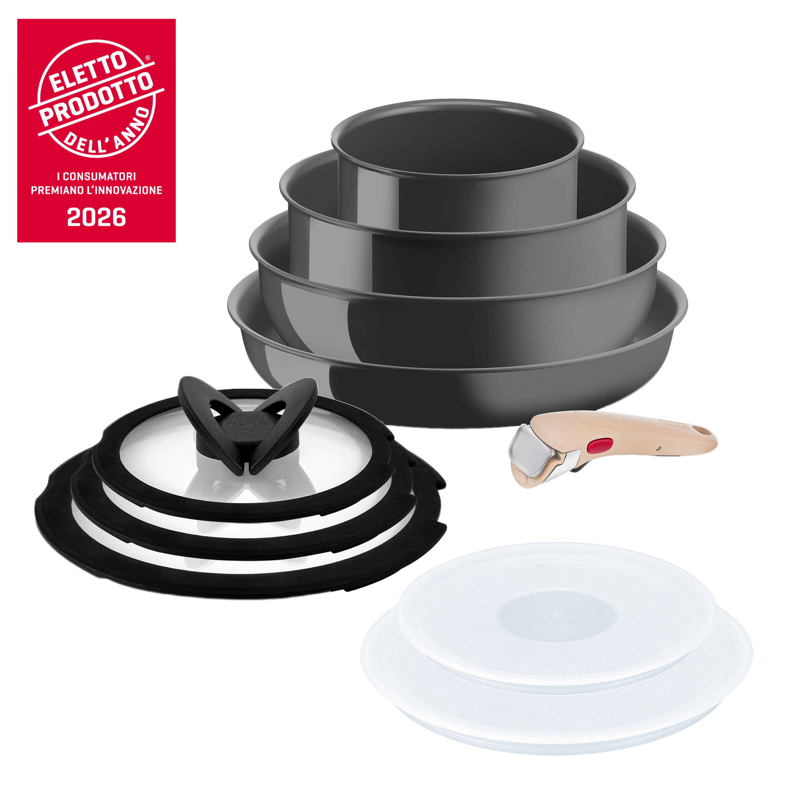 Ingenio Vivissima, Set padelle, Antiaderente Ceram, Manico rimovibile, induzione gas, 10pz